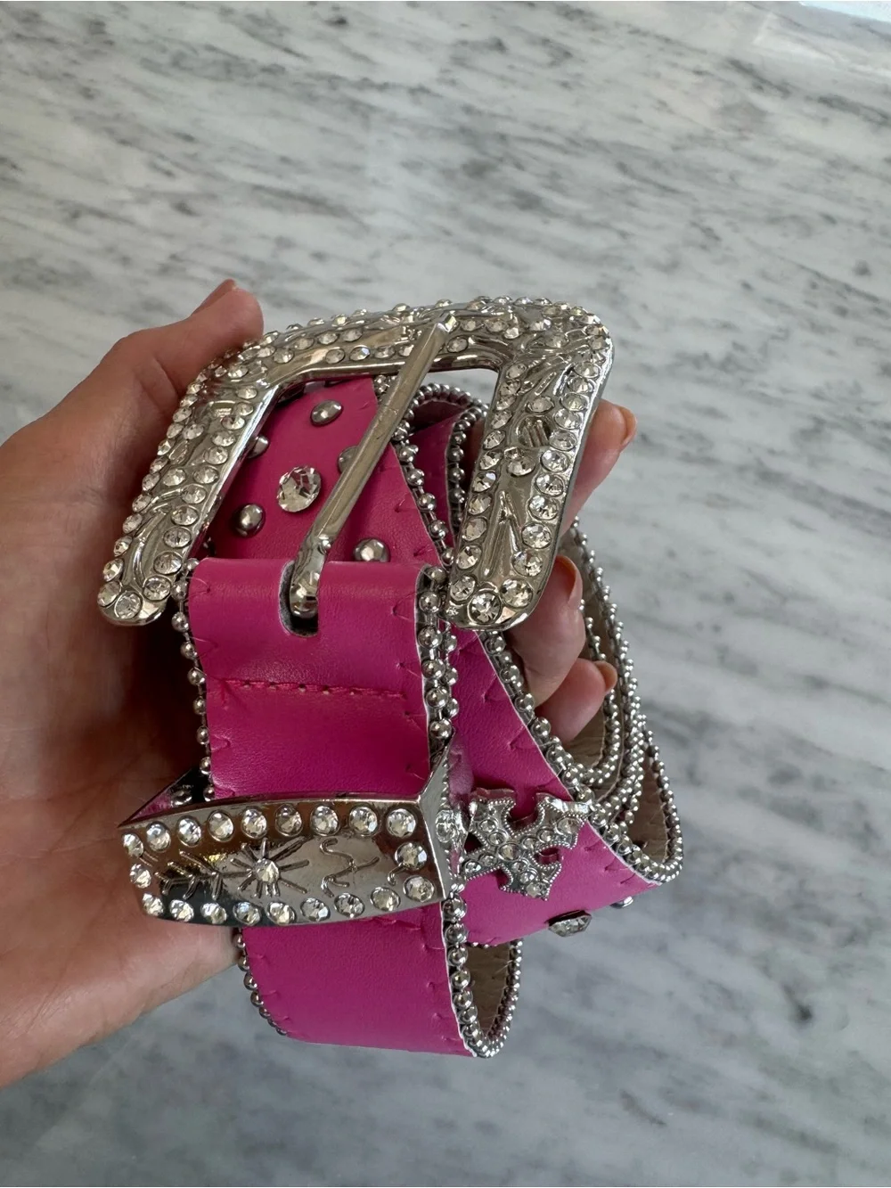 Studded Hot Pink Western Belt with Rhinestone Buckle. 61”